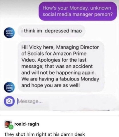 Мопаа social media manager person? i think depressed Imao Vicky here, Managing Director of Socials for Amazon Prime Video. Apologies for the last message; that was an accident and will not be happenin