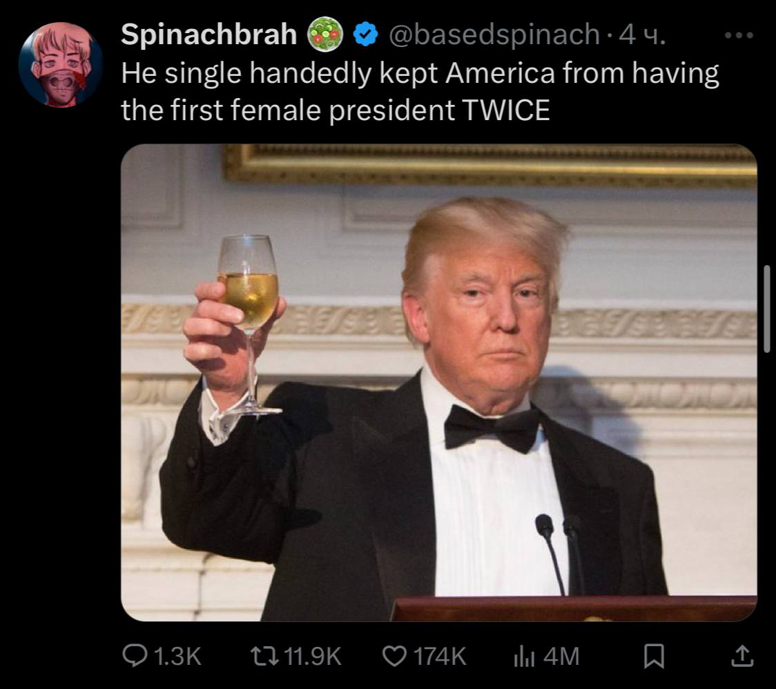 Spinachbrah Не single handedly kept America from having the first female president TWICE at