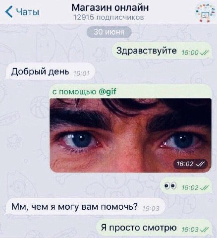 Магазин онлайн Чаты 12915 подписчиков Здравствуйте Добрый день с помощью @gif о 16:02 16:027 чем я могу вам помочь? Я просто смотрю