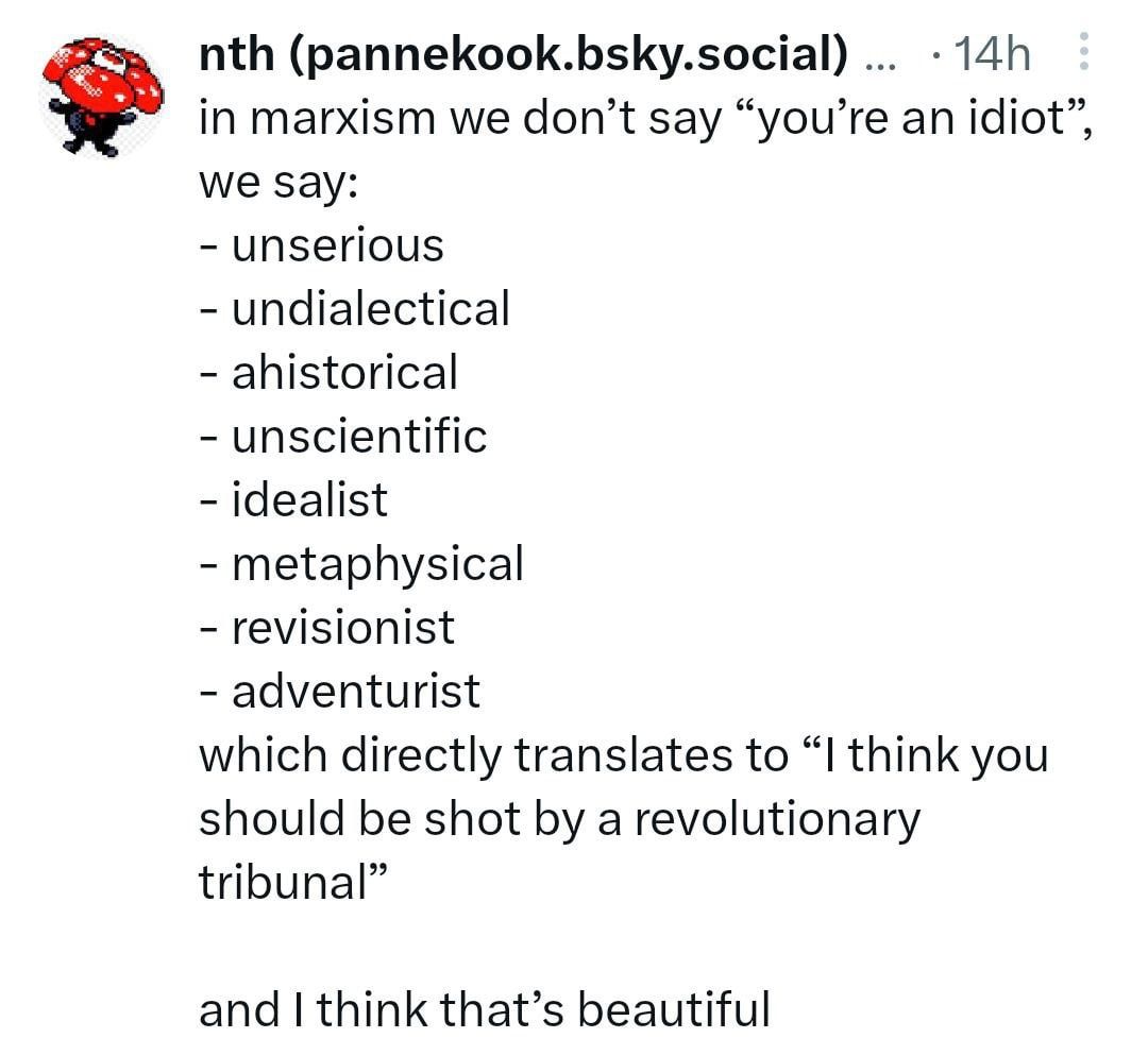 nth (pannekook.bsky.social) in marxism we don’t say “you’re an idiot’ we Say: unserious undialectical ahistorical unscientific idealist metaphysical revisionist adventurist which directly translates t