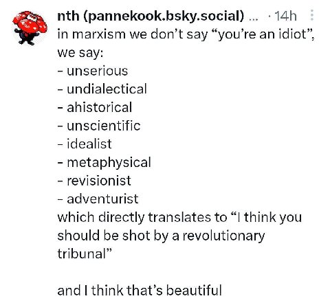 nth (pannekook.bsky.social) in marxism we don’t say “you’re an idiot’ we Say: unserious undialectical ahistorical unscientific idealist metaphysical revisionist adventurist which directly translates t