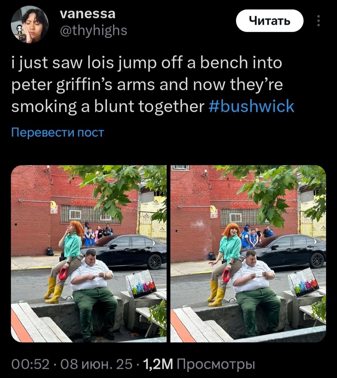 vanessa Читать 2% @thyhighs i just saw lois jump off a bench into peter griffin’s arms and now they’re smoking a blunt together #bushwick Перевести пост a= „7% я 00:52 08 июн. 25 Просмотры