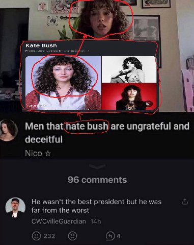 у Kate Bush English singer-songwriter and Men that(hate bush) are ungrateful and deceitful Nico 96 comments He wasn't the best president but he was far from the worst CWCvilleGuardian 14! 232