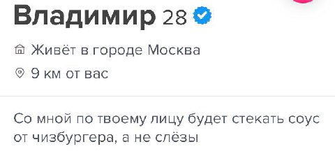 Владимир 28 Живёт в городе Москва Экм от вас мной по твоему лицу будет стекать соус от чизбургера, а не слёзы
