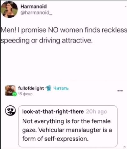 Harmanoid @harmanoid_ Men! promise NO women finds reckless speeding or driving attractive. fullofdelight Читать 15 февр look-at-that-right-there Not everything is for the female gaze. Vehicular mansla