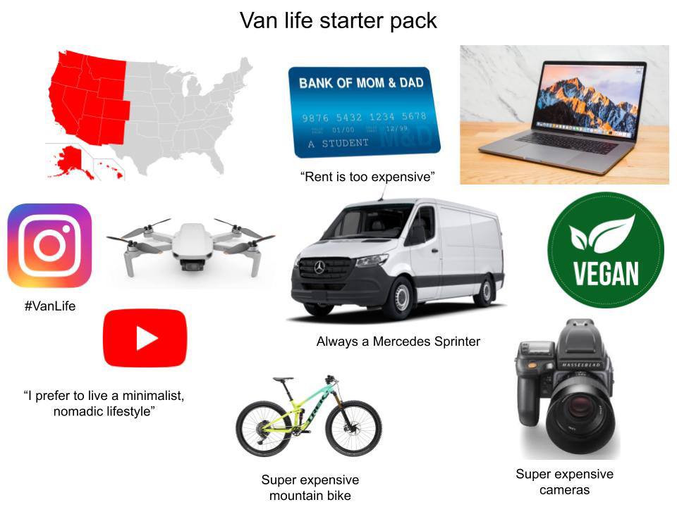 Van life starter pack BANK OF MOM DAD a. “Rent is too expensive” #VanLife Always а Mercedes Sprinter prefer to live a minimalist, nomadic lifestyle” Super expensive Super expensive cameras mountain bi