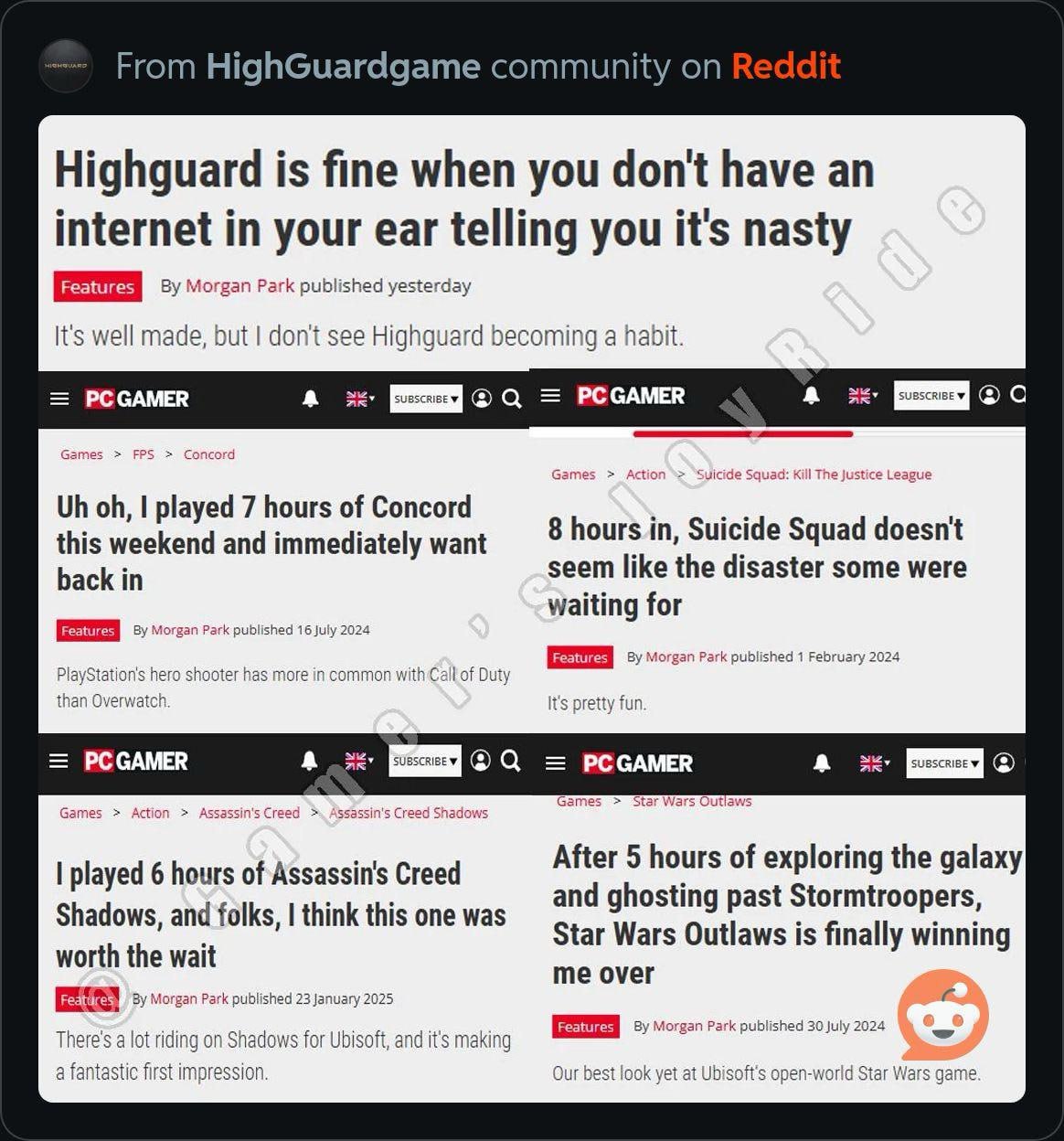 From HighGuardgame community Highguard is fine when you don't have an internet in your ear telling you it's nasty Morgan Park published yesterday It's well made, but don't see Highguard becoming a hab