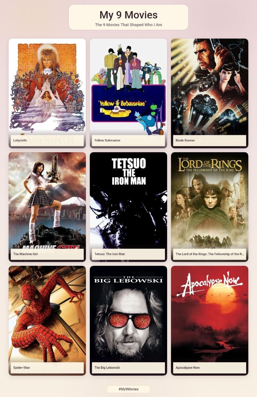 9 Movies The 9 Movies That Shaped Who Yellow Submsring Labyrinth Yellow Submarine В TETSUO ОВО THE FELLOWSHIP OF THE RING NCS IRON MAN Me НПА Tetsuo: The гоп Man BIG LEBOWSKI Spider-Man #My9Movies