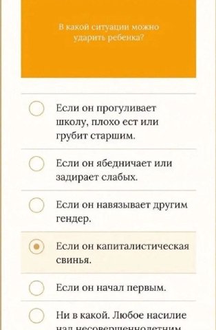 В какой ситуации можно ударить ребенка Если он прогуливает школу, плохо ест или грубит старшим. Если он ябедничает или задирает слабых. Если он навязывает другим гендер. Если он капиталистическая СВИН