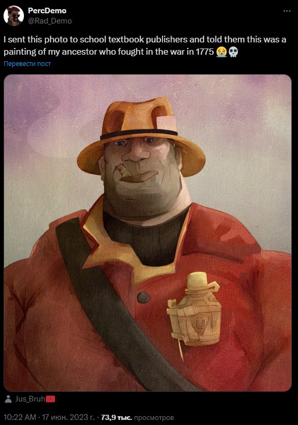 [8 PercDemo @Rad Demo sent this photo to school textbook publishers and told them this was а painting of my ancestor who fought in the war in 1775 2 is) a ung 10:22 17 июн. 2023 73,9 просмотров