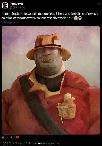 [8 PercDemo @Rad Demo sent this photo to school textbook publishers and told them this was а painting of my ancestor who fought in the war in 1775 2 is) a ung 10:22 17 июн. 2023 73,9 просмотров