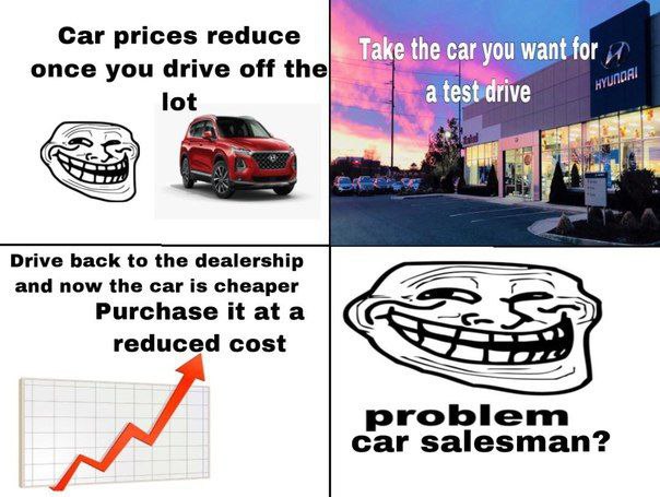 Car prices reduce the car you want for once you drive off the ates Ive lot 72 Drive back to the dealership and now the car is cheaper Purchase it ata reduced cost problem car salesman?