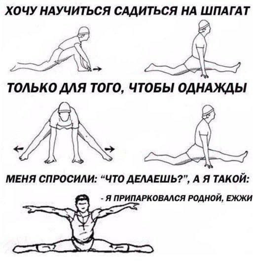 ХОЧУ НАУЧИТЬСЯ САДИТЬСЯ НА ШПАГАТ ТОЛЬКО ДЛЯ ТОГО, ЧТОБЫ ОДНАЖДЫ МЕНЯ СПРОСИЛИ: “ЧТО ДЕЛАЕШЬ?”, А Я ТАКОЙ: Я ПРИПАРКОВАЛСЯ РОДНОЙ, ЕЖЖИ