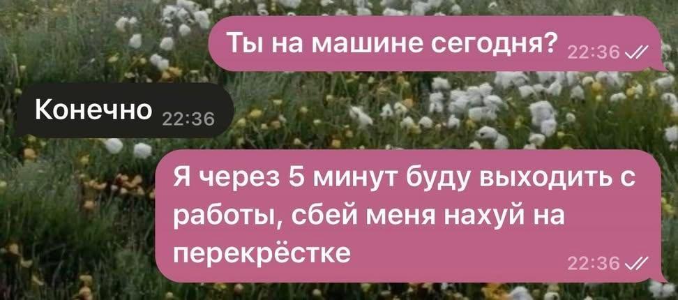 Ты на машине сегодня? 55.26 Конечно Я через 5 минут буду выходить с работы, сбей меня нахуй на перекрестке 59:36