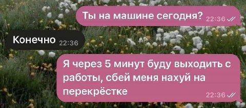 Ты на машине сегодня? 55.26 Конечно Я через 5 минут буду выходить с работы, сбей меня нахуй на перекрестке 59:36