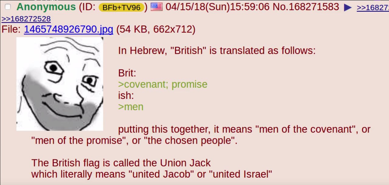 Anonymous 04/15/18(Sun)15:59:06 No.168271583 >>16827 >>168272528 File: (54 In Hebrew, "British" is translated as follows: Brit: >covenant; promise ish: >теп putting this together, it means "men of the