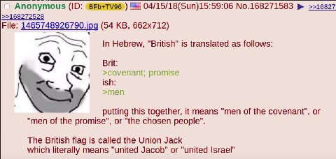Anonymous 04/15/18(Sun)15:59:06 No.168271583 >>16827 >>168272528 File: (54 In Hebrew, "British" is translated as follows: Brit: >covenant; promise ish: >теп putting this together, it means "men of the
