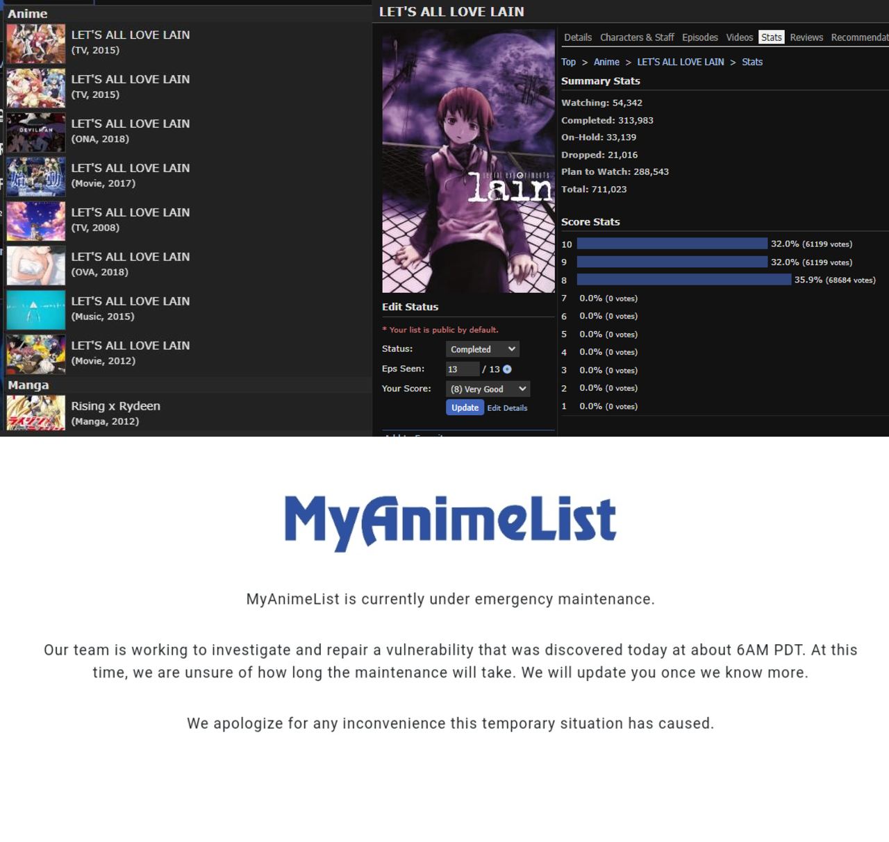 🔨 Хакер взломал крупный аниме-сайт MyAnimeList и заменил названия вообще всех тайтлов на Let’s All Love Lain

Ещё он успел удалить все оценки ниже 8 баллов у аниме «Эксперименты Лэйн». MyAnimeList до
