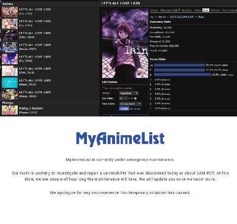 🔨 Хакер взломал крупный аниме-сайт MyAnimeList и заменил названия вообще всех тайтлов на Let’s All Love Lain

Ещё он успел удалить все оценки ниже 8 баллов у аниме «Эксперименты Лэйн». MyAnimeList до