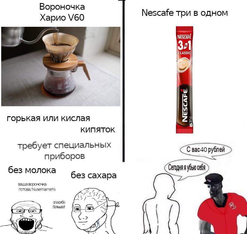 Вороночка Харио Nescafe три в одном NESCAFE 74 i горькая или кислая 4 6 KUNATOK требует специальных приборов без молока Сетодняя убью себя без сахара зашавороночка готова, Yusemame% 2 2,