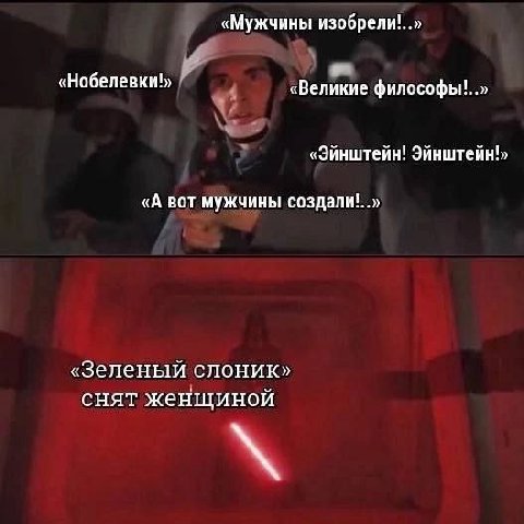 «Мужчины изобрели!..» «Нобелевки!» «Великие философы!..» «Эйнштейн! Эйнштейн!» «А BOT мужчины создали!..» «Зеленый слоник» снят женщиной