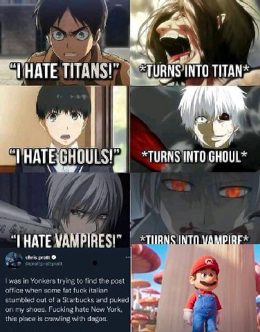 46 INTO HATE TITANS!” *TURNS INTO GHOUL* HATE office when some fat fuck italian was in Yonkers trying to find the post stumbled out of a Starbucks and puked on my shoes. Fucking hate New York this pla