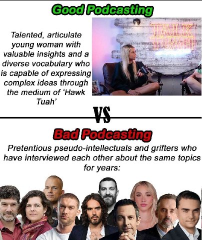 Talented, articulate young woman with valuable insights and a diverse vocabulary who is capable of expressing complex ideas through the medium of ‘Hawk Tuah’ Pretentious pseudo-intellectuals and grift