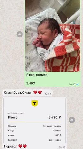 в 8 9) Я все, родила 3.490 20:52 Спасибо любимая Итого 3490 Перевод По номеру телефона Статус Успешно Сумма 3490 Комиссия Без комиссии Перевел 20:55