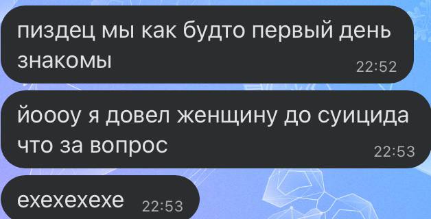 пиздец мы как будто первый день знакомы 22:52 йоооу я довел женщину до суицида что за вопрос 22:53 ехехехехе 99:53