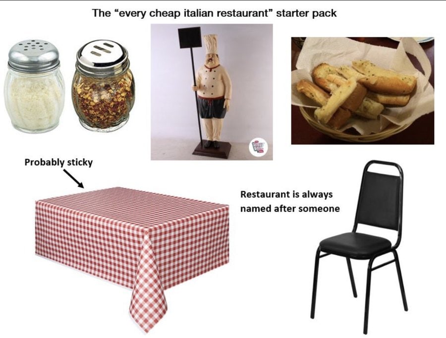 The “every cheap italian restaurant” starter pack Probably sticky Restaurant is always named after someone hal’ 57 bat)