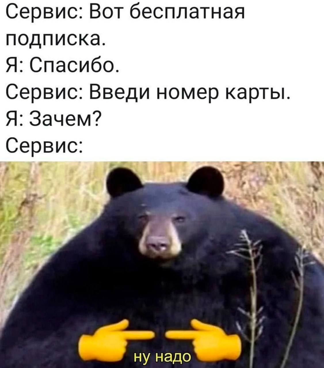 Сервис: Вот бесплатная подписка. Я: Спасибо. Сервис: Введи номер карты. Я: Зачем? Сервис: у ну надо