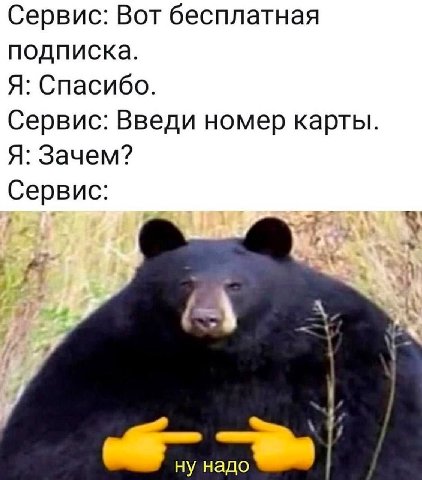 Сервис: Вот бесплатная подписка. Я: Спасибо. Сервис: Введи номер карты. Я: Зачем? Сервис: у ну надо