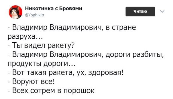 Никотинка с Бровями Владимир Владимирович, в стране разруха... Ты видел ракету? Владимир Владимирович, дороги разбиты, продукты дороги... Вот такая ракета, здоровая! Воруют все! Всех сотрем в порошок