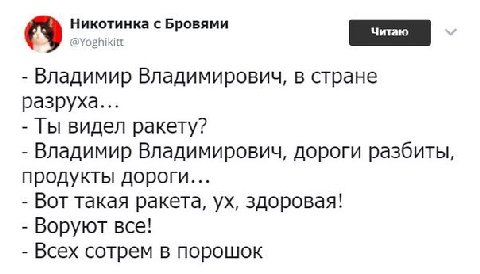 Никотинка с Бровями Владимир Владимирович, в стране разруха... Ты видел ракету? Владимир Владимирович, дороги разбиты, продукты дороги... Вот такая ракета, здоровая! Воруют все! Всех сотрем в порошок