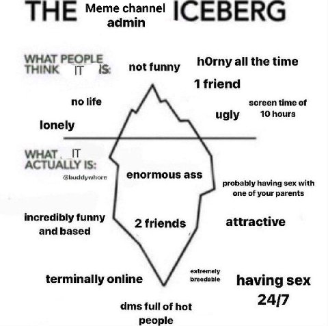me channel in” admin ICEBERG WHAT PEOPL hOrny all the time THINK IT not funny 1 friend no life screen time of ugly 10 hours lonely 15: @buddywhore enormous ass probably having sex with one of your par
