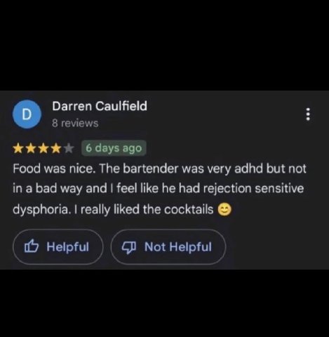 Darren Caulfield 8 reviews kkkk& Food was nice. The bartender was very adhd but not in a bad way feel like he had rejection sensitive dysphoria. really liked the cocktails Helpful Not Helpful