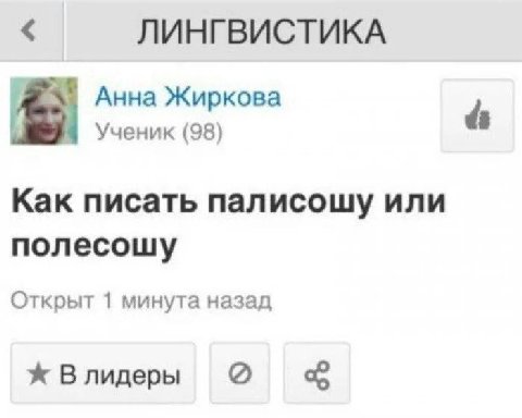 ЛИНГВИСТИКА Анна Жиркова Ученик (98) Как писать палисощу или полесошу Открыт 1 минута назад Влидеры