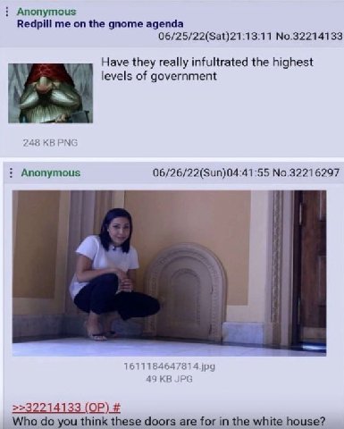 Anonymous Redpill me on the gnome agenda 06/25/22(Sat)21:13:11 No.32214133 Have they really infultrated the highest ire levels of government 248 PNG Anonymous 06/26/22(Sun)04:41:55 No.32216297 1611184
