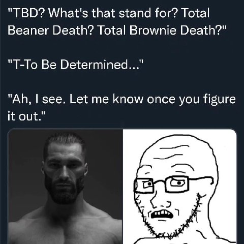 "TBD? What's that stand for? Total Beaner Death? Total Brownie Death?" "Т-То Be Determined..." see. Let me know once you figure it out."