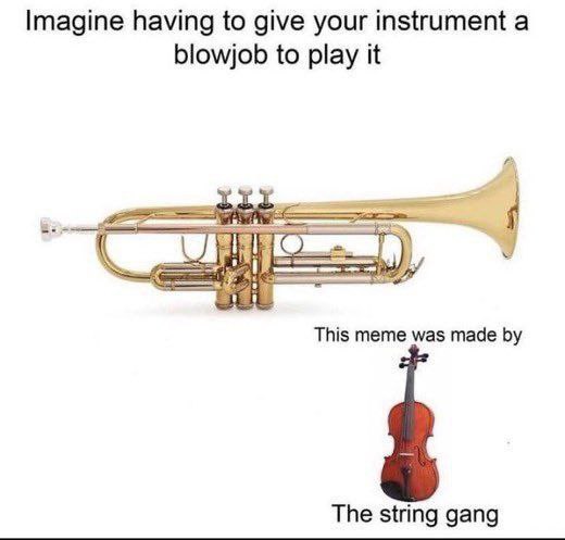 Imagine having to give your instrument а blowjob to play it This meme was made The string gang