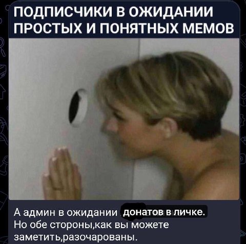 ПОДПИСЧИКИ В ОЖИДАНИИ ПРОСТЫХ И ПОНЯТНЫХ МЕМОВ А админ в ожидании донатов в личке. Но обе стороныкак вы можете