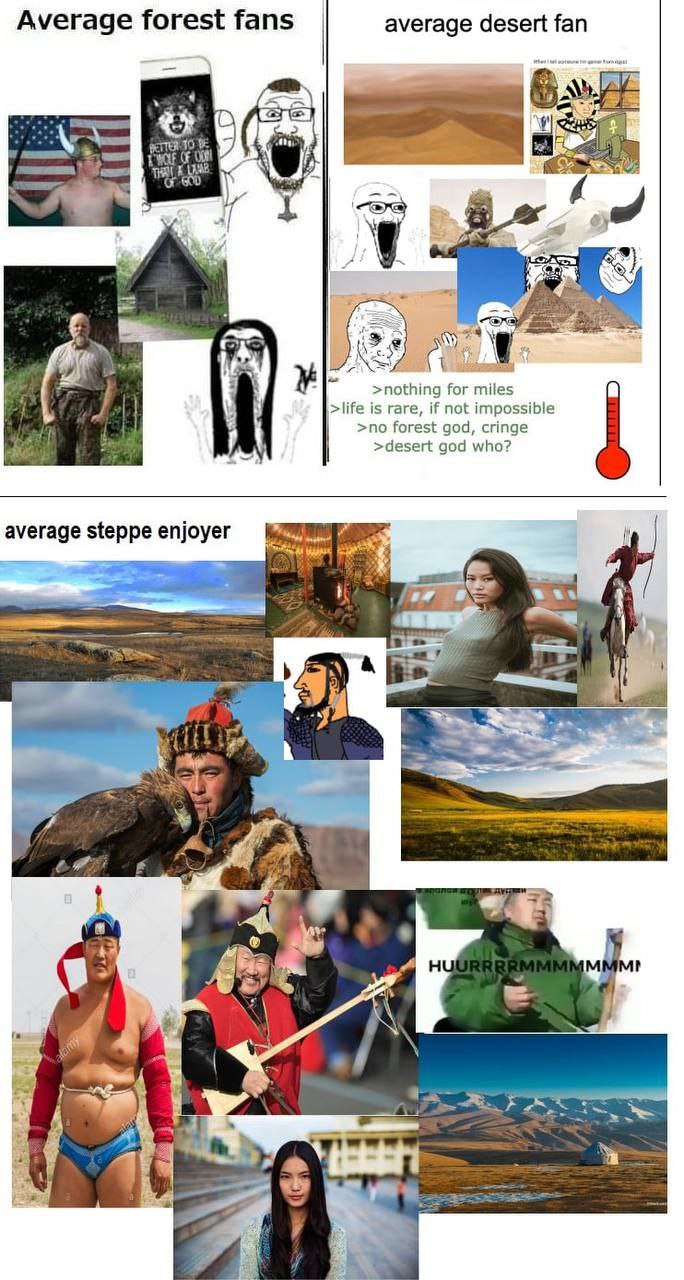 Average forest fans average desert fan 9 О и" 4 и О 4 IN as 4 3 >nothing for miles >life is rare, if not impossible >no forest god, cringe >desert god who? average steppe enjoyer к у 5 3 i У apd а