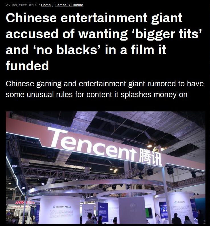 Chinese entertainment giant accused of wanting ‘bigger tits’ and ‘no blacks’ in a film it funded Chinese gaming and entertainment giant rumored to have some unusual rules for content it money on в в