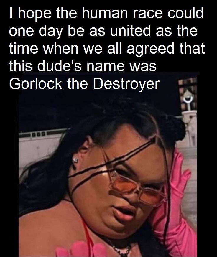 hope the human race could one day be as united as the time when we all agreed that this dude's name was Gorlock the Destroyer
