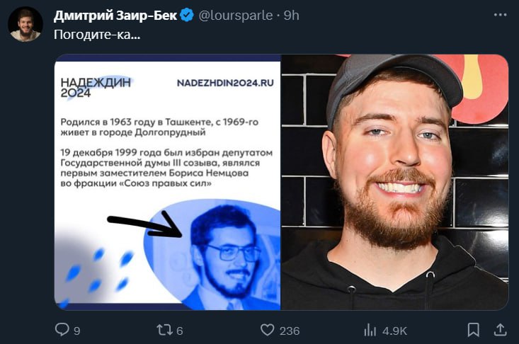 Дмитрий Заир-Бек @loursparle Погодите-ка... НАДЕЖДИН NADEZHDIN2024.RU 2024 Родился в 1963 году в Ташкенте, с живет в городе Долгопрудный 19 декабря 1999 года был избран депутатом Государственной думы 