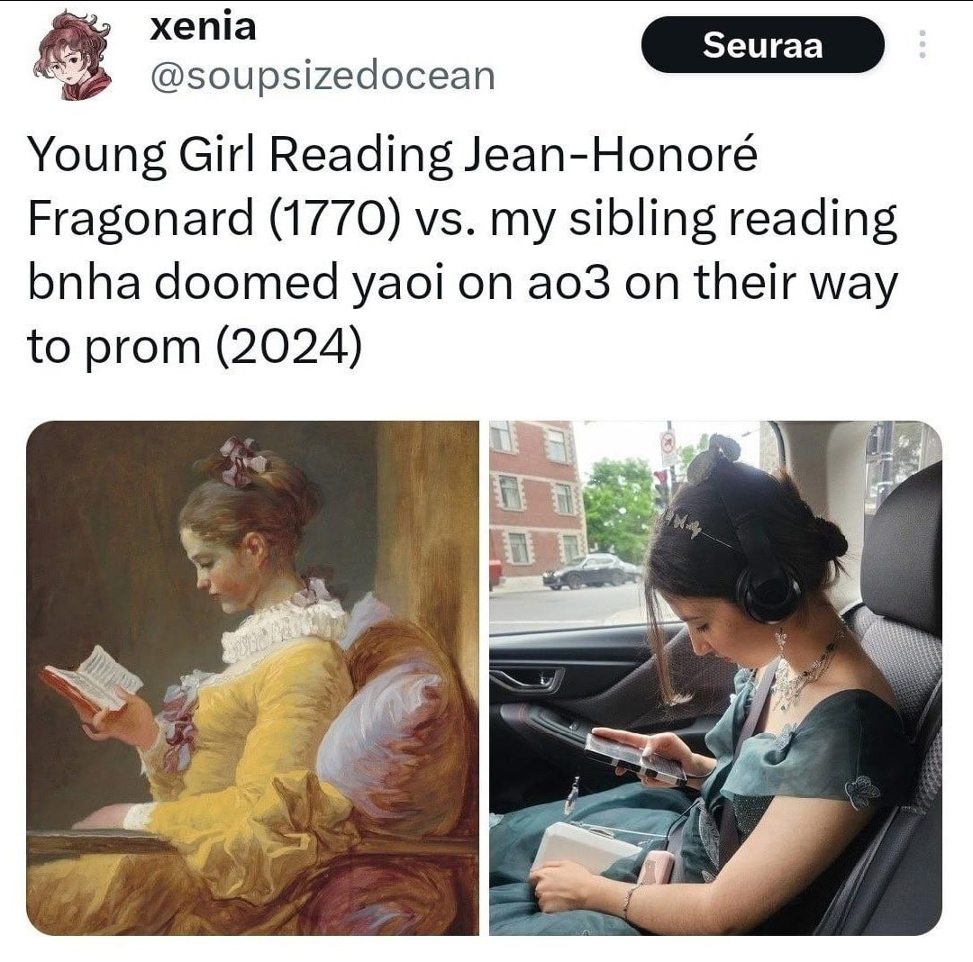 xenia @soupsizedocean Young Girl Reading Jean-Honoré Fragonard (1770) my sibling reading bnha doomed yaoi on on their way to prom (2024)