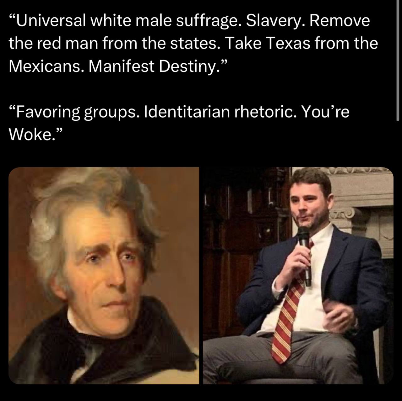 “Universal white male suffrage. Slavery. Remove the red man from the states. Take Texas from the Mexicans. Manifest Destiny.” “Favoring groups. Identitarian rhetoric. You’re Woke.” viw С.