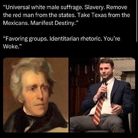 “Universal white male suffrage. Slavery. Remove the red man from the states. Take Texas from the Mexicans. Manifest Destiny.” “Favoring groups. Identitarian rhetoric. You’re Woke.” viw С.