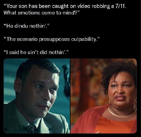 “Your son has been caught on video robbing а 7/11. What emotions come to mind?” “Не dindu nothin’.” “The scenario presupposes culpability.” said he ain’t did nothin’.” 4