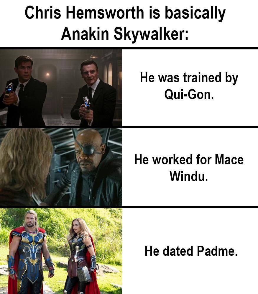 Chris Hemsworth is basically Anakin Skywalker: He was trained Qui-Gon. He worked for Mace Windu. Не dated Padme.